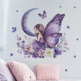 Purple Butterfly Girls Wall Stickers for Girls Room Fairy Wall Decals Removable Vinyl Peel and Stick Moon Flowers Star Wall Decor for Children's Living Room Bedroom Nursery