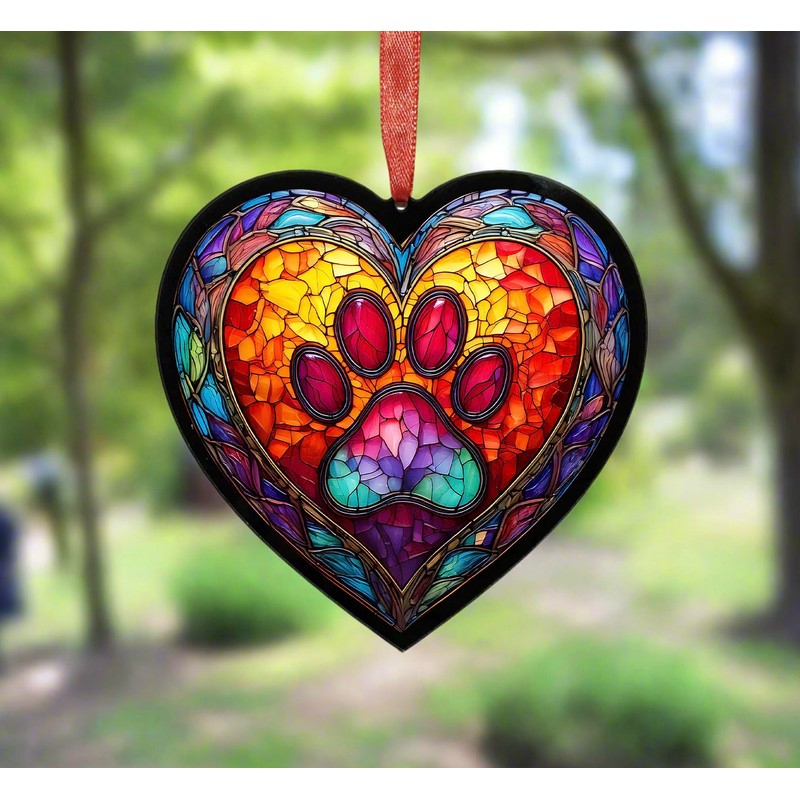Image Industry Paw Print Stained Glass Effect Heart Suncatcher -