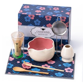 ChaseWind Matcha Whisk Set, 8Pcs Floral Ceramic Matcha Set with Matcha Whisk, Holder, Scoop, Scoop Rest, Sifter, Spoon and Tea Towel – Thoughtful Matcha Whisk Gift for Matcha Lover (Beige & Pink)