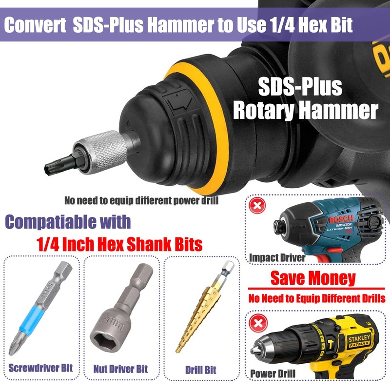Yakamoz SDS Plus to 1/4" Hex Drill Chuck Adapter, 5