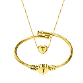 MYNENEY NIBASTAR Heart Name Necklace and Bracelet for Women Stainless Steel A-Z letters Initial Statement Jewelry Set for Mother's Day