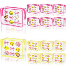 AmazingSpark 12 Pcs Softball Bow Makeup Bags with Zipper Waterproof Softball Goodie Bags Cosmetic Pouch Organizer Toiletry Pouch for Travel Daily Organization softball-themed Party Birthday (2 Styles)