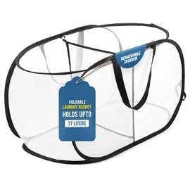 Foldable Laundry Basket - Popup and Collapsible, Durable Mesh Material, Folds for Storage, Easy Carry Handles - Great Hamper for College Dorm, Laundry Room or Travel (White-Black, 2-Compartments)