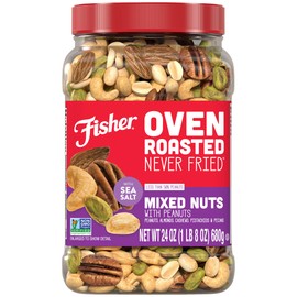 Fisher Oven Roasted Never Fried Mixed Nuts with Peanuts, 24 Ounces (Pack of 1), Peanuts, Almonds, Cashews, Pistachios, Pecans, Trail Mix, Healthy Snacks for Adults, Made With Sea Salt, No Added Oils