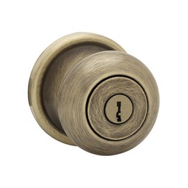 Kwikset Juno Entry Door Knob with Lock and Key, Secure Keyed Handle Exterior, Front Entrance and Bedroom, Antique Brass, Pick Resistant SmartKey Rekey Security and Microban