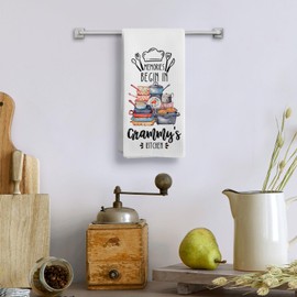 Qeheb Grammy Gifts Kitchen Towels, Grammie Gifts for Mother's Day Birthday from Grandkids Grandson Granddaughter Dish Tea Towels, Memories Begin in Grammy's Kitchen Decorative Hand Towels, 16X24In