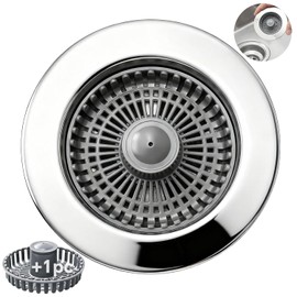 Solid Brass Body 3-in-1 Kitchen Sink Drain Strainer & Stopper, Heavy Duty Pop Up Plug Assembly with 2 Baskets, Anti-Clog Replacement for US Standard 3-1/2 Inch Drains, Rust-Proof Silver