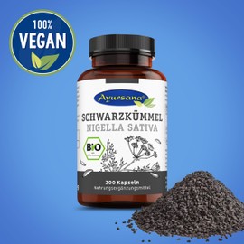 Ayursana Vegane Bio Schwarzkümmel Kapseln Nigella sativa, 200 Stück naturbelassene Kapseln aus Ägypten, 1800mg Schwarzkümmelpulver pro Tagesdosis