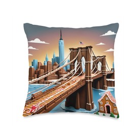 Brooklyn Bridge and NYC Christmas Gingerbread Throw Pillow