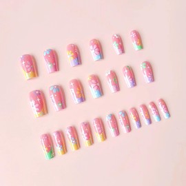 Long French Tip Press on Nails Coffin Flower Nails Press ons Long Pink Fake Nails with Colored Design Long Flower False Nails Square Stick on Nails for Women Girls Long Acrylic Glue on Nails Kit