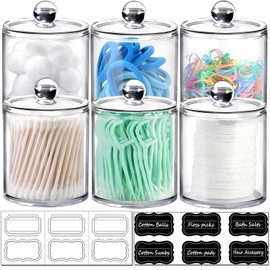 SheeChung 6 Pack Qtip Dispenser Apothecary Jars Bathroom with Labels - Qtip Holder Storage Canister Clear Plastic Acrylic Jar for Cotton Ball, Swab,Pads, Rounds,Floss Picks, Hair Clips (Clear)