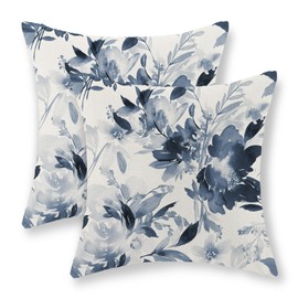 JEFERSO Spring Pillow Covers 18x18 Inch Set of 2, Watercolor Blue Flower Throw Pillows Summer Spring Floral Decorations Pillowcase Farmhouse Decor Linen Outdoor Cushion Case for Home Party