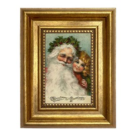Schooner Bay Co. Santa Claus with Little Girl Framed Victorian Print on Canvas Christmas Holiday Antique Style Wall Art Decor 7-1/2" x 9-1/2"