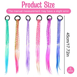6Pcs Hair Extension Colorful Braided Ponytail Rainbow Braiding Hair with Rubber Bands Hair Accessories Headwear for Girls