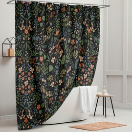 Tititex Boho Rustic Floral Black Faux Linen Shower Curtain, Vintage Watercolor Leaves with Flowers Bathroom Decoration Shower Curtain Sets 71x71 Inch with Hooks