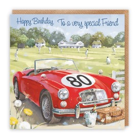 Hunts England - 80th Friend Classic Cricket & Sports Car Birthday Card - Happy Birthday - 80 - To A Very Special Friend - Artistic Car Birthday Card - Milo's - Cricket Match