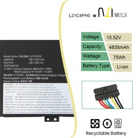 L21C4PH0 75Wh Laptop Battery Replacement for Lenovo IdeaPad Yoga 9-14IAP7 Type 82LU Yoga 9-14IRP8 Type 83B1 Series L21D4PH0 L21B4PH0 SB11D97136 5B11D97137 5B11D97138 SB11D97139 5B11D97140 4835mAh