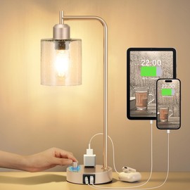 Innqoo Champagne Gold Industrial Bedside Table Lamp for Bedroom - Nightstand Lamps with USB C Charging Port, Fully Dimmable Black Ports and Outlets, Small Desk Glass Shade Office Living Room