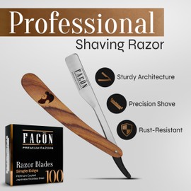 Facón Straight Razors for Men - Professional Barber Straight Edge Razor Kit with 100 Blades, Wooden Stainless Steel Barbero Shaver for a Smooth & Precise Shave, Premium Barber Razor for Men's Shaving