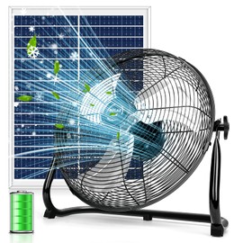 TonyEst 12'' Solar Powered Fan with 20W Solar Panel, Portable Battery Operated Cordless Outdoor Floor Fan for Camping, Home, Patio, Worksite - Stepless Speed, Metal Construction and Aluminum Blades