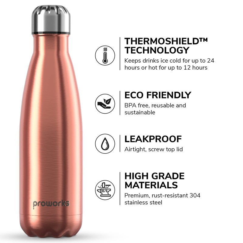 Proworks Stainless Steel Drinking Bottle, 24 Hours Cold and 12