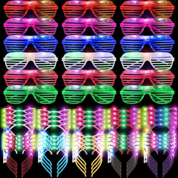 88 Pieces Light Up Party Favors Including 48 Glow Glasses LED Flashing Shutter Shades Glasses with 40 LED Cat Ear Headband Light up Headband for Carnival Glow in The Dark Neon Party Accessories