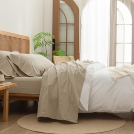 BESTOUCH Sheet Set 100% Washed Cotton Linen Feel Super Soft Comfortable Chic Lightweight 3 Pcs Home Bedding Set Solid Almond Milk Grey Twin