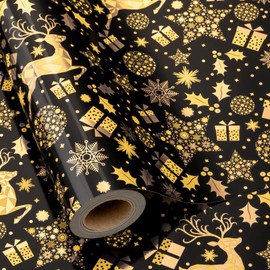MAYPLUSS Shiny Christmas Wrapping Paper Roll - 17 Inch X 33 Feet - Luxury Metallic Foil Golden Reindeer Gift Snowflake Star on Black Design Winter Holiday Gift Wrap Paper for Party Birthday Wedding