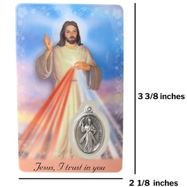 Needzo Divine Mercy Holy Prayer Card with Medal and Chaplet on The Back, Jesus I Trust in You Catholic Saints Pocket Prayers Bookmark (Pack of 3, 3 3/8 Inches)