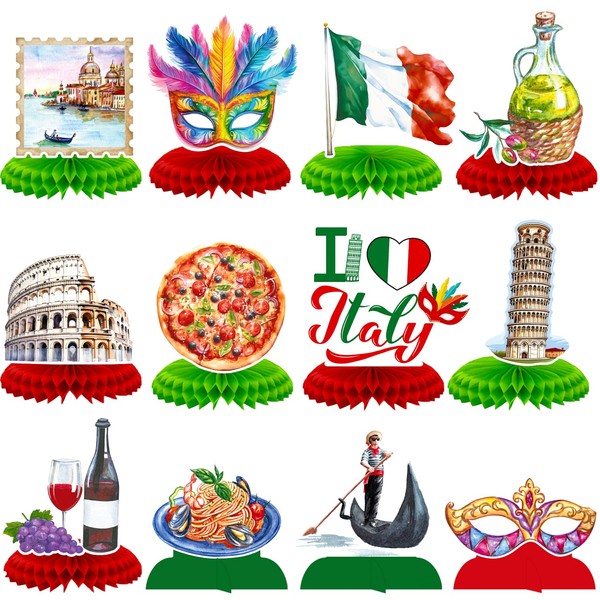 Italian Party Decorations, 12 Honeycomb Centerpieces with Venice, Pizza, Wine,
