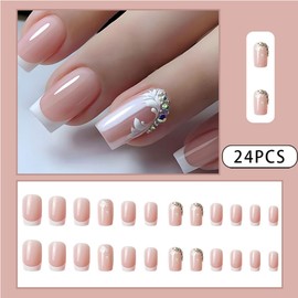 Square Press on Nails Medium Fake Nails White French Tip False Nails with Flower&Rhinestones Press ons Designs Acrylic Nails Press on Artificial Nails Stick on Nails For Women Girls 24Pcs