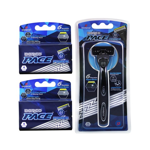 Dorco Pace 6 Plus Power - Six Blade Power Razor System with Trimmer (9 Cartridges + 1 Handle)