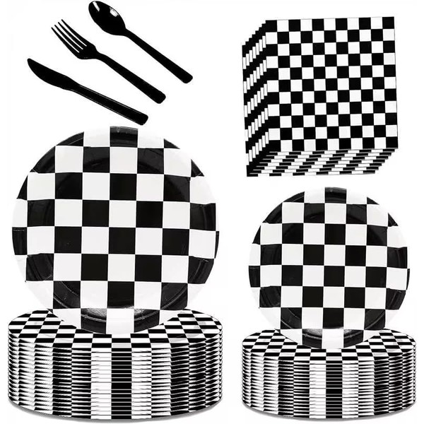 150Pcs Black and White Checkered Race Car Party Supplies, Racing