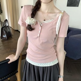 Women Lace Trim Y2K Cute Tshirt Coquette Floral Summer Ribbed Knit Crop Top Fairycore Baby Tees Cottagecore 90s Shirt (Pink,Large)