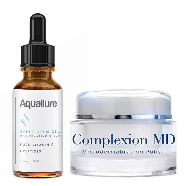 Complexion MD Exfoliating Face Scrub (1.69 oz) - Aquallure Apple Stem Cell Rejuvenating Serum (1 oz) - Anti Aging - Pore Refining Microdermabrasion - Green Tea, Peptides & Hyaluronic Acid (2 items)