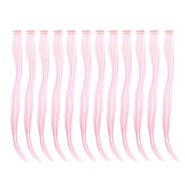 SWACC 12 Pcs Straight One Color Party Highlights Clip on in Hair Extensions Colored Hair Streak Synthetic Hairpieces (Pink)