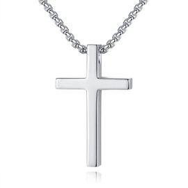 REVEMCN Black Gold Silver Cross Necklace for Boys Stainless Steel Mens Cross Pendant Chain Necklace for Men Women Religious Jewelry Gifts for Boys Girls Chain 16-24 Inches (16 inches, Silver - 1.2'' × 0.7'' cross pendant)