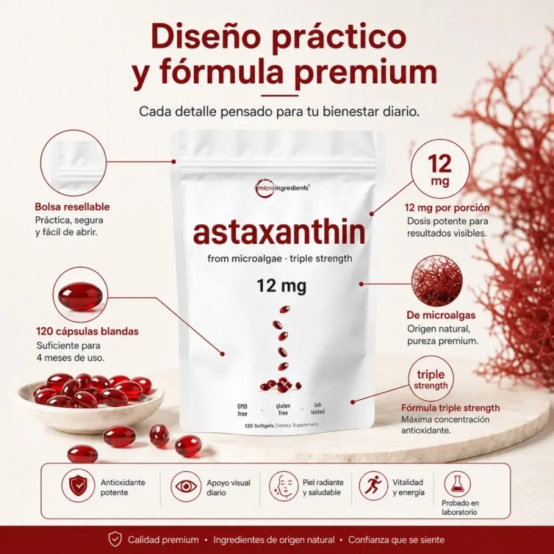Astaxantina 12 Mg 120 Softgels Microalgas Apoyo Antioxidante