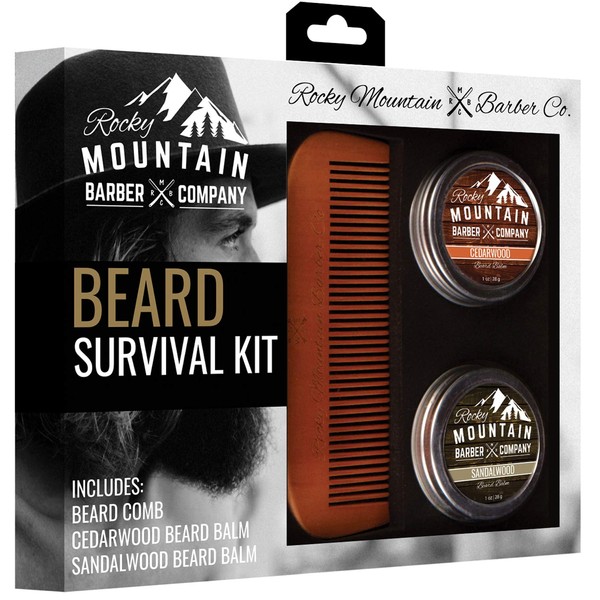 Beard Gift Set - All-In-One Beard Care Kit with Wooden Beard/Hair Comb and Two Beard Balms (Cedarwood and Sandalwood - 1oz) - Packaged in Gift Box