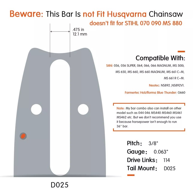 Farmmac 36'' Chainsaw Bar Chain 3/8'' 0.063'' 114DL For STIHL