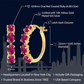Gem Stone King 18K Yellow Gold Plated Silver Oval Gemstone Birthstone Hoop Earrings | Oval 6X4MM | 22MM | 0.85 Inch | Gold Hoop Earrings For Women