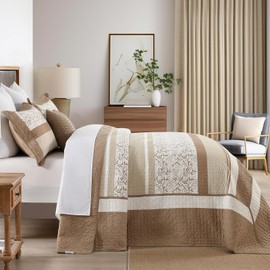 Quilta 100% Cotton Bedspread California King Size - 120"x120" Brown Stripe Quilt with Botanical Pattern, Lightweight Comforter, Textured and Luxurious Farmhouse Coverlet Bedding Set, Beige/Brown