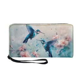 Coldinair Watercolor Hummingbird Floral Womens Wallet Leather RFID Blocking ID Credit Card Holder with Zipper and Wrist Strap Long Coin Pocket