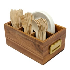 Arflo Acacia Silverware Holder for Party with Handle - Paper Plate Holders for Countertop - Wooden Utensil Caddy for Parties - Kitchen Spoon and Fork Organizer Silverware Caddy for Party Camping