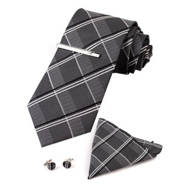SIILLKEVIN Plaid Men's Tie Silk Necktie and Pocket Square Cufflink Tie Clip Set Silver Grey Check Prom Graduation