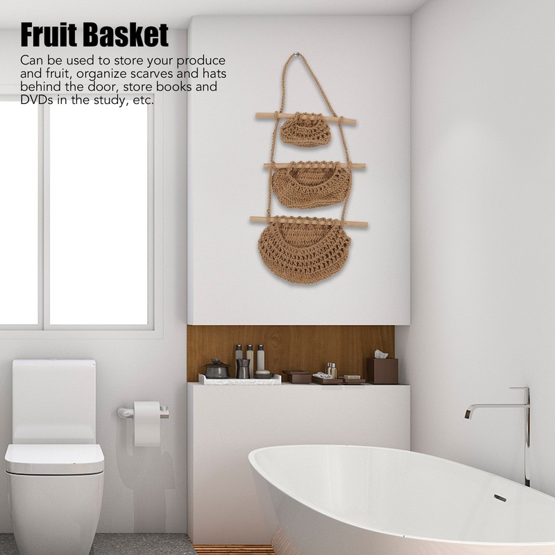 Hanging Fruit Basket 3 Tier Wall Mounted Handcraft Hemp Rope