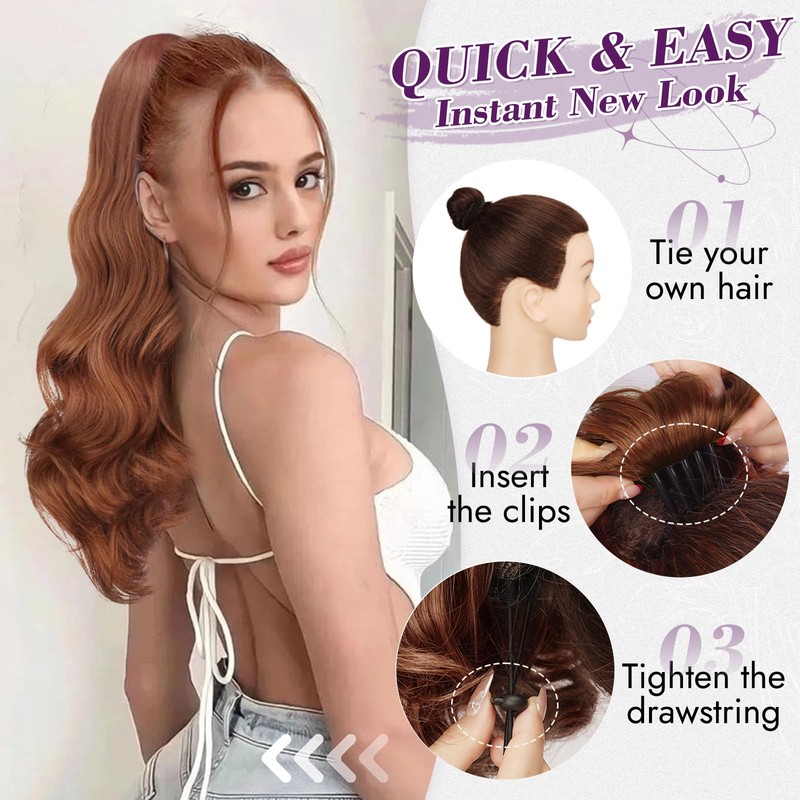 BARSDAR Medium Auburn Wavy Drawstring Ponytail Extensions, 20 Inch Drawstring