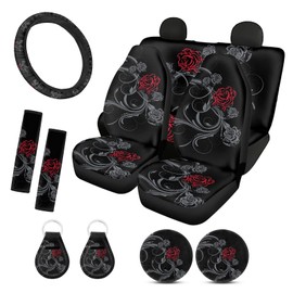 Ystardream Goth Rose Automotive Seat Covers for Women Men Dark Style Front and Rear Bench Back Seat Cover Set with Steering Wheel Cover/Seat Belt Cover Universal Protector Covers