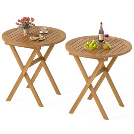 RELAX4LIFE Round Outdoor Folding Table - 26’’ Acacia Wood Patio Bistro Table w/Slatted Tabletop for Indoor Outside Dining Camping, Portable Foldable Wooden Furniture for Garden Backyard Porch (2)