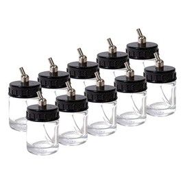 Master Airbrush (Pack of 10) TB-002 Empty 3/4 Ounce (22cc) Glass Jar Bottles with 30° Down Angle Adaptor Lid Assembly - Fits Dual-Action Siphon Feed Airbrushes, Use with Master, Badger, Paasche, Iwata